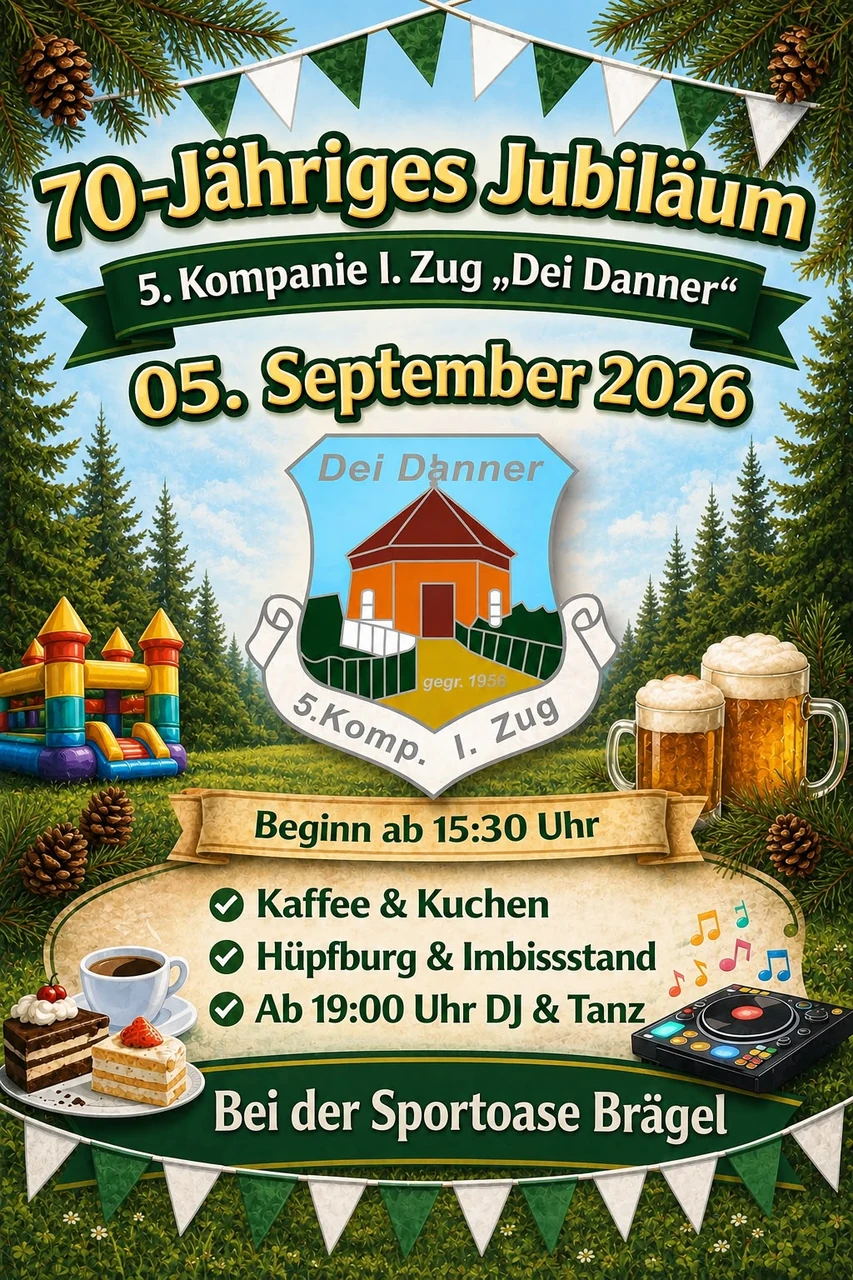 Plakat zum 70-jährigen Jubiläum des 1. Zuges am 5. September 2026 bei der Sportoase Brägel